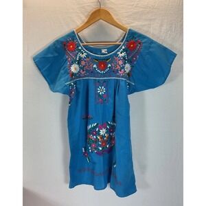Blue Embroidered Mini Dress - Floral Mexican Style